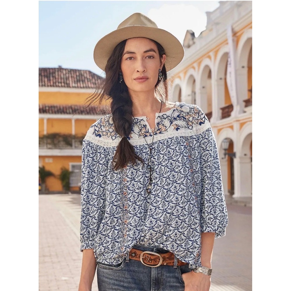 Sundance Flowy Blouse Boho Oversized Embroidered Lace Details Women's Small
